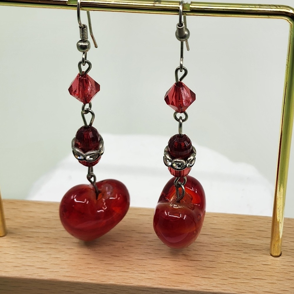 Red Glass Heart Dangle Earrings Rhinestone Beaded Romantic Valentine Statement